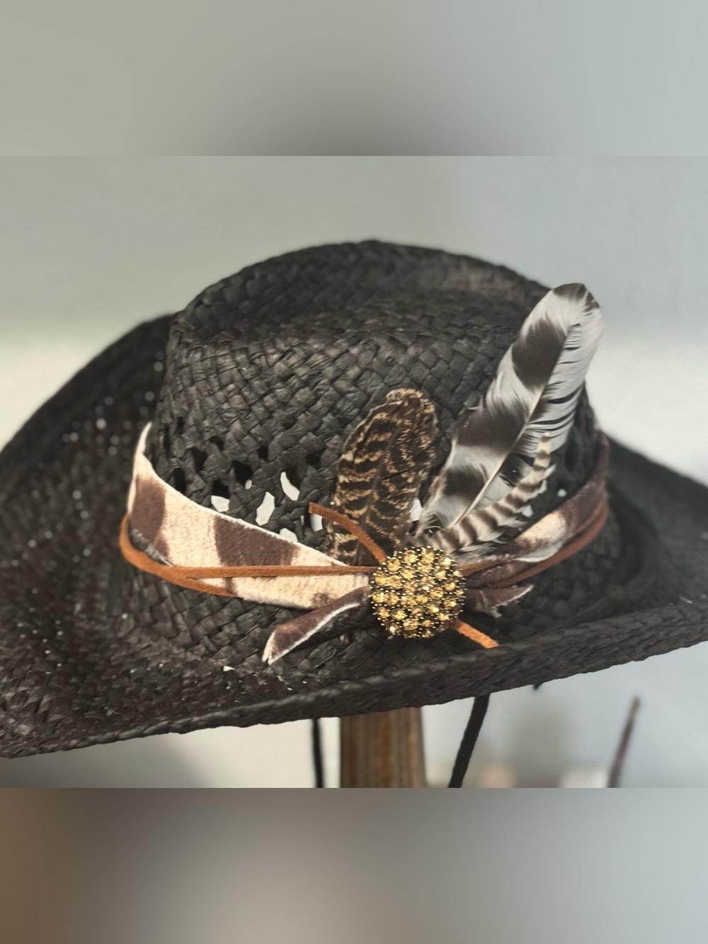 Black Straw Cowboy Hat with Feather & Velvet Band